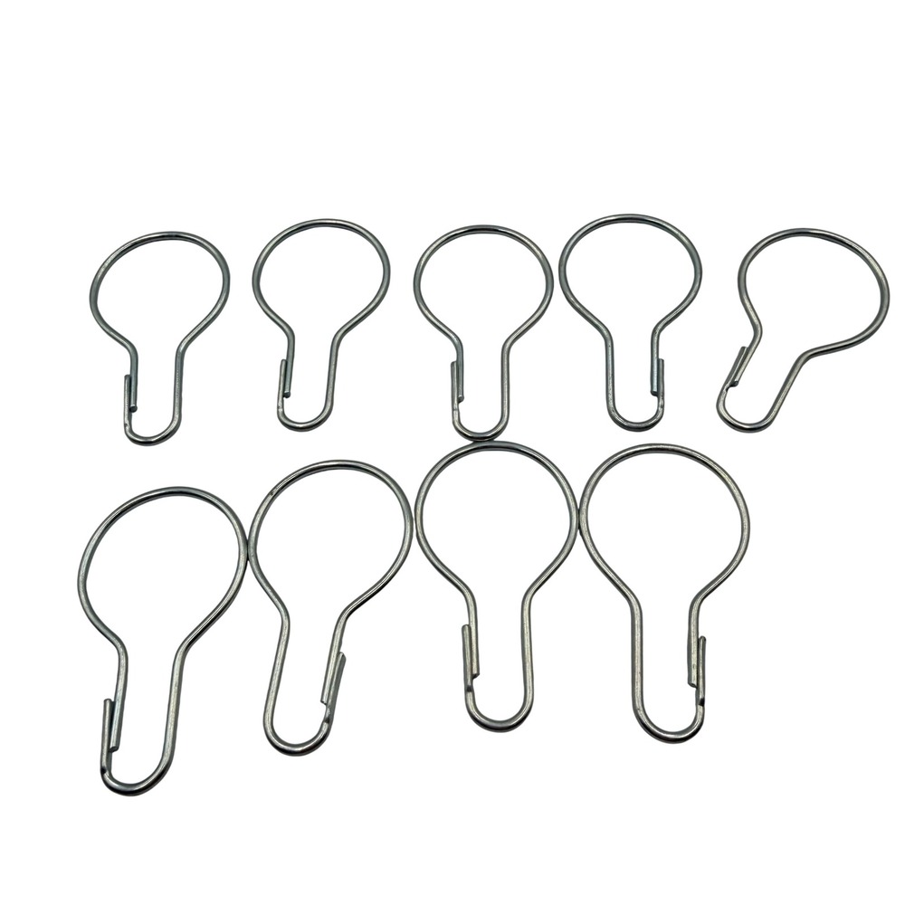 Vtg Steel‎ Shower Curtain Hooks Rings Set of 9 Silver Metal Pear Shape Hooks